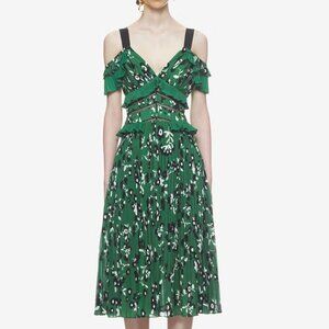 Self Portrait Green Cold Shoulder Floral Crepe Midi Dress, US 4